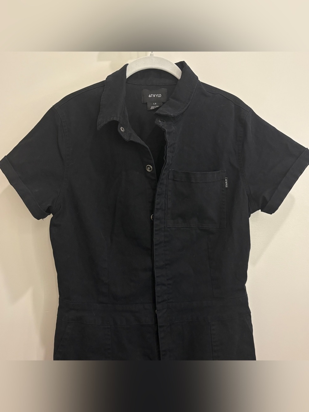 ATWYLD Pit Crew Jumpsuit Black Utility Coveralls Short Sleeve Women’s L USA Chic - Picture 11 of 15